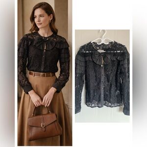 Black Lace Ruffle Blouse M Romantic Vintage Feminine Classic Layering